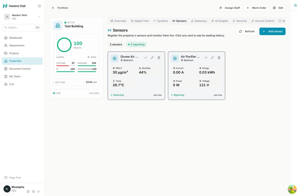 Havenz Hub facility platform interface with live sensor data